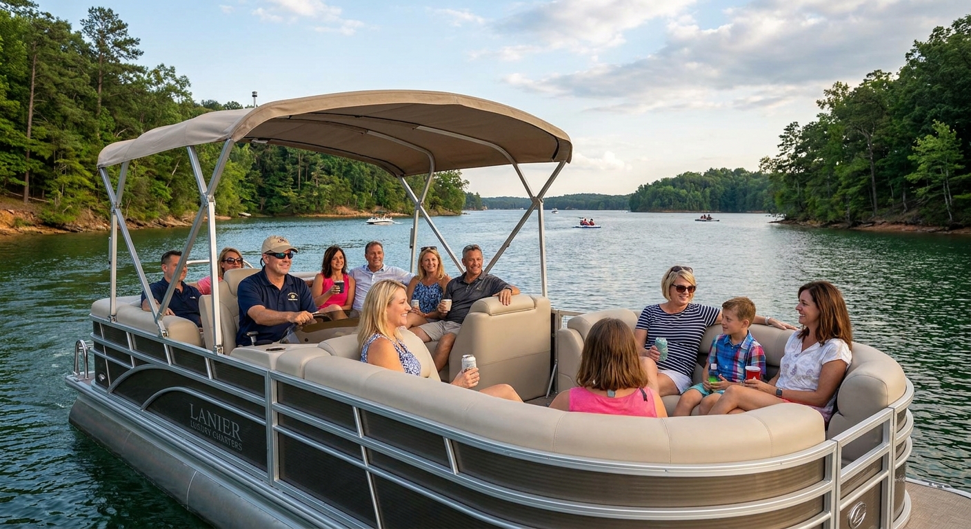 Private boat charter experience on Lake Lanier with group enjoying the lake