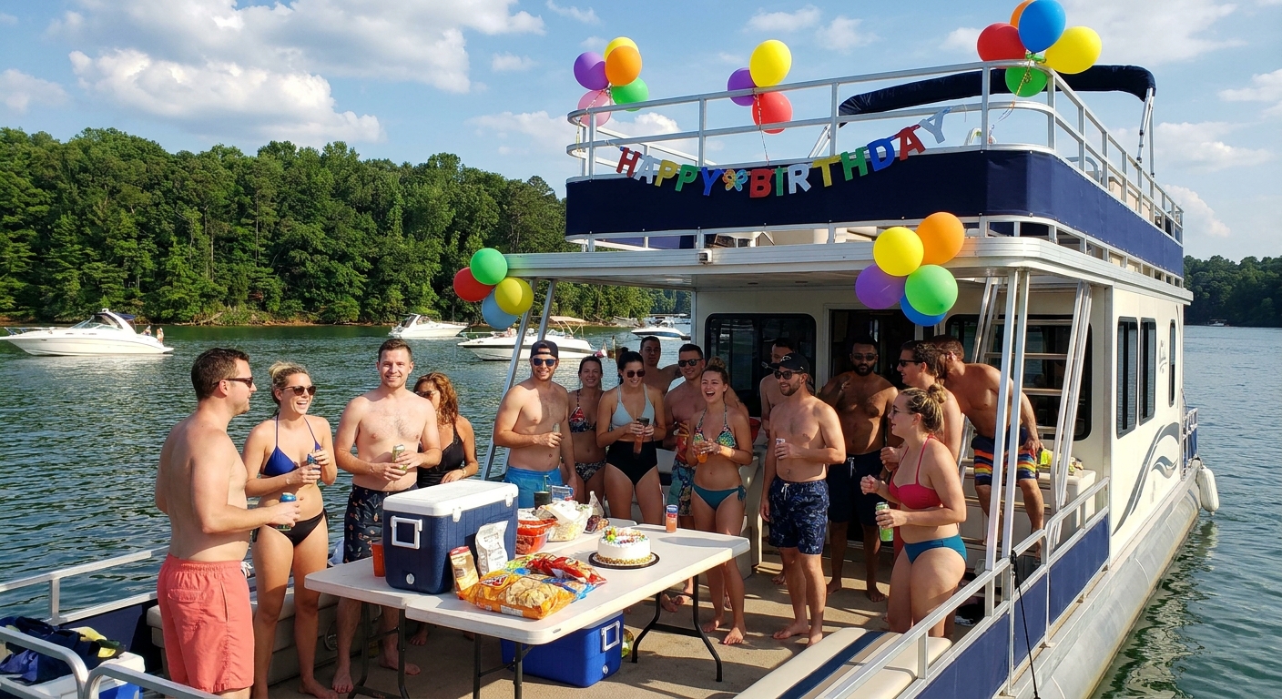 Birthday boat party on Lake Lanier with friends celebrating on a chartered boat