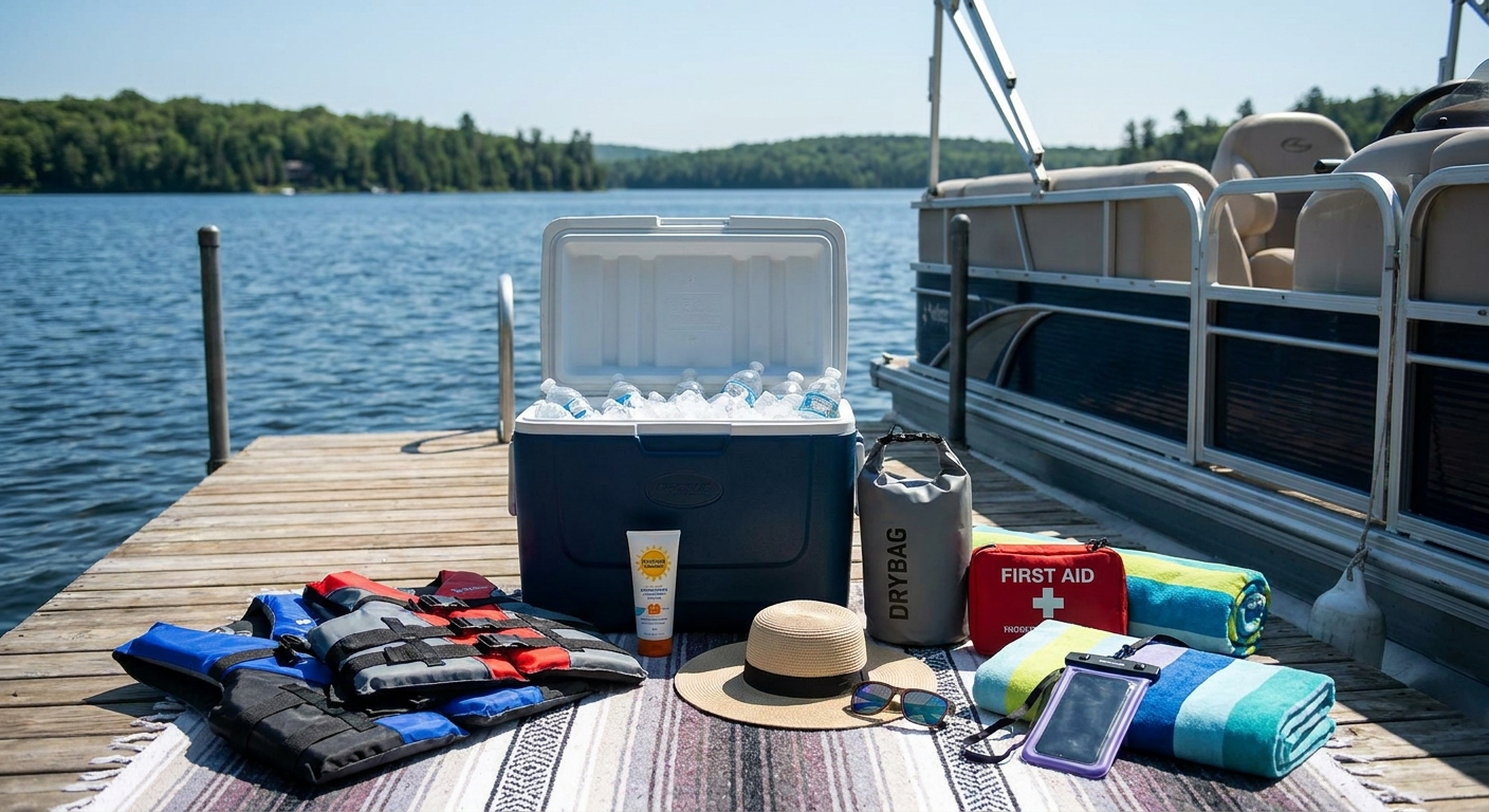 Essential items to bring for a full day on Lake Lanier, including safety gear, sun protection, hydration, and snacks